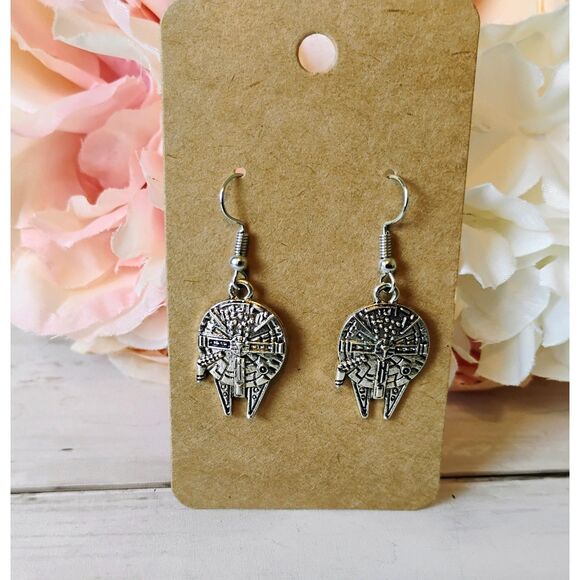 NEW Millennium Falcon Star Wars Earrings Dangle Silver Tone Fish Hooks - Picture 1 of 2
